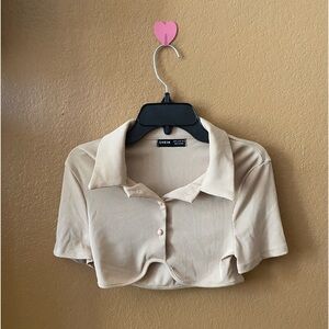 Button Front Rib-knit Crop Tee